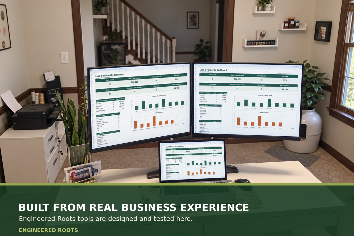 Engineered Roots spreadsheet dashboards displayed in Andrew Miller's workspace
