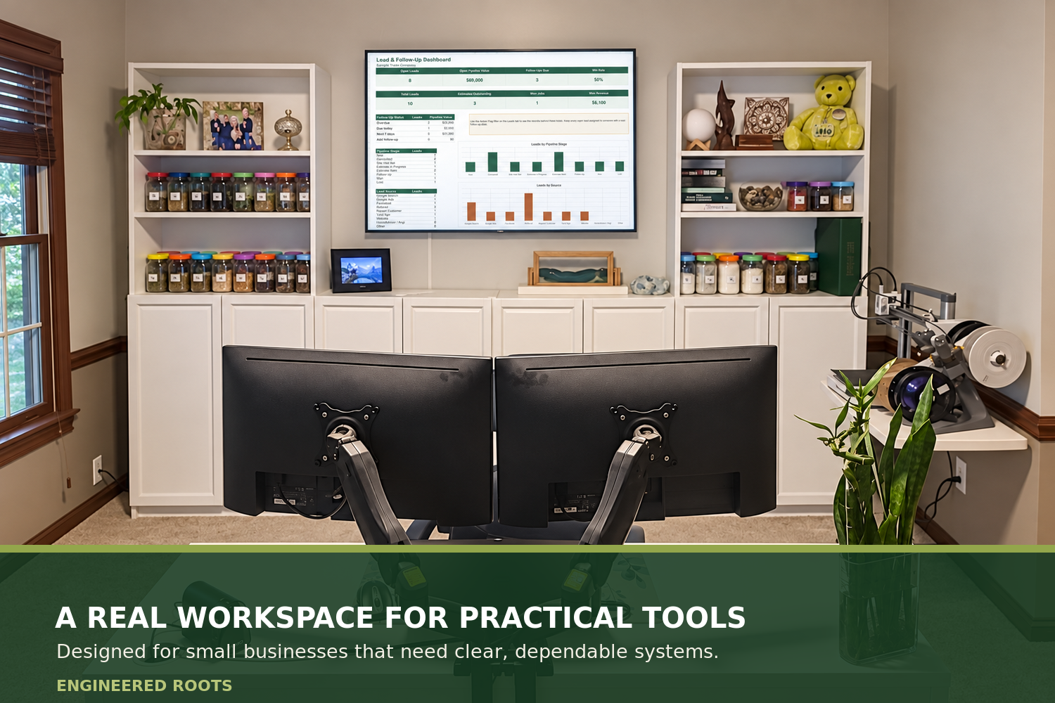 Engineered Roots workspace with business dashboard displayed above dual monitors