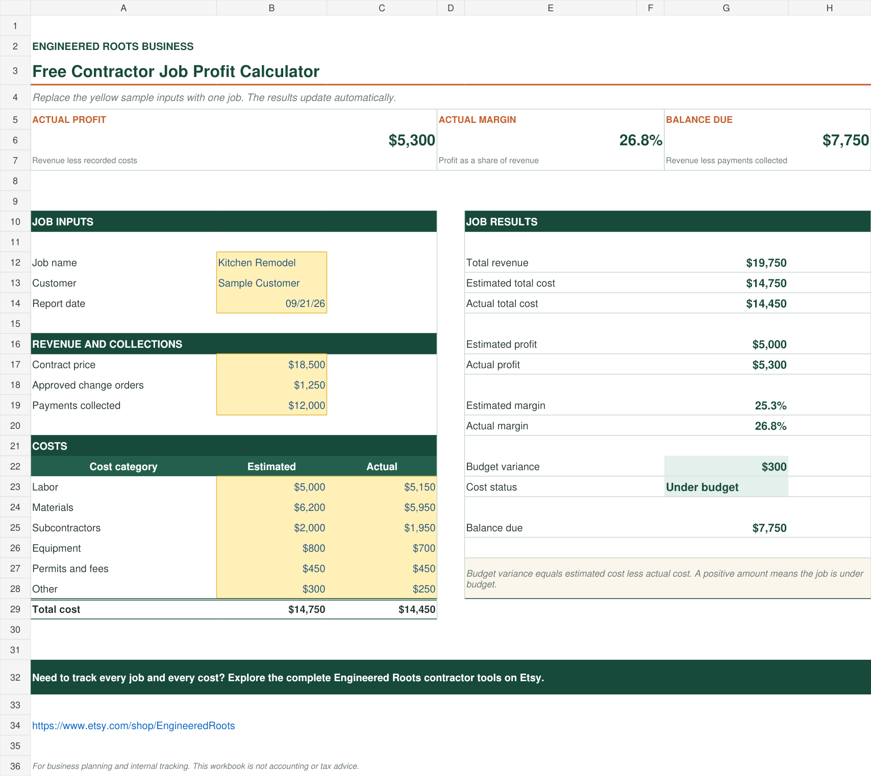 Free Contractor Job Profit Calculator Excel worksheet